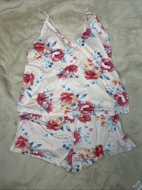 Flora Floral Lace Trim Cami Shorts Pajama Sleep Set Pink XL Womens Lounge